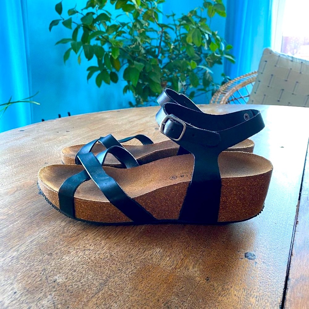 Lola Sabbia: For EricMichael: Strappy Cork-Soled Sandals w/ Brown Leather Straps
